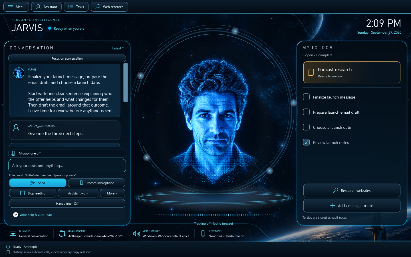 JARVIS desktop workspace with the male blue portrait avatar, conversation panel and personal to-do list.