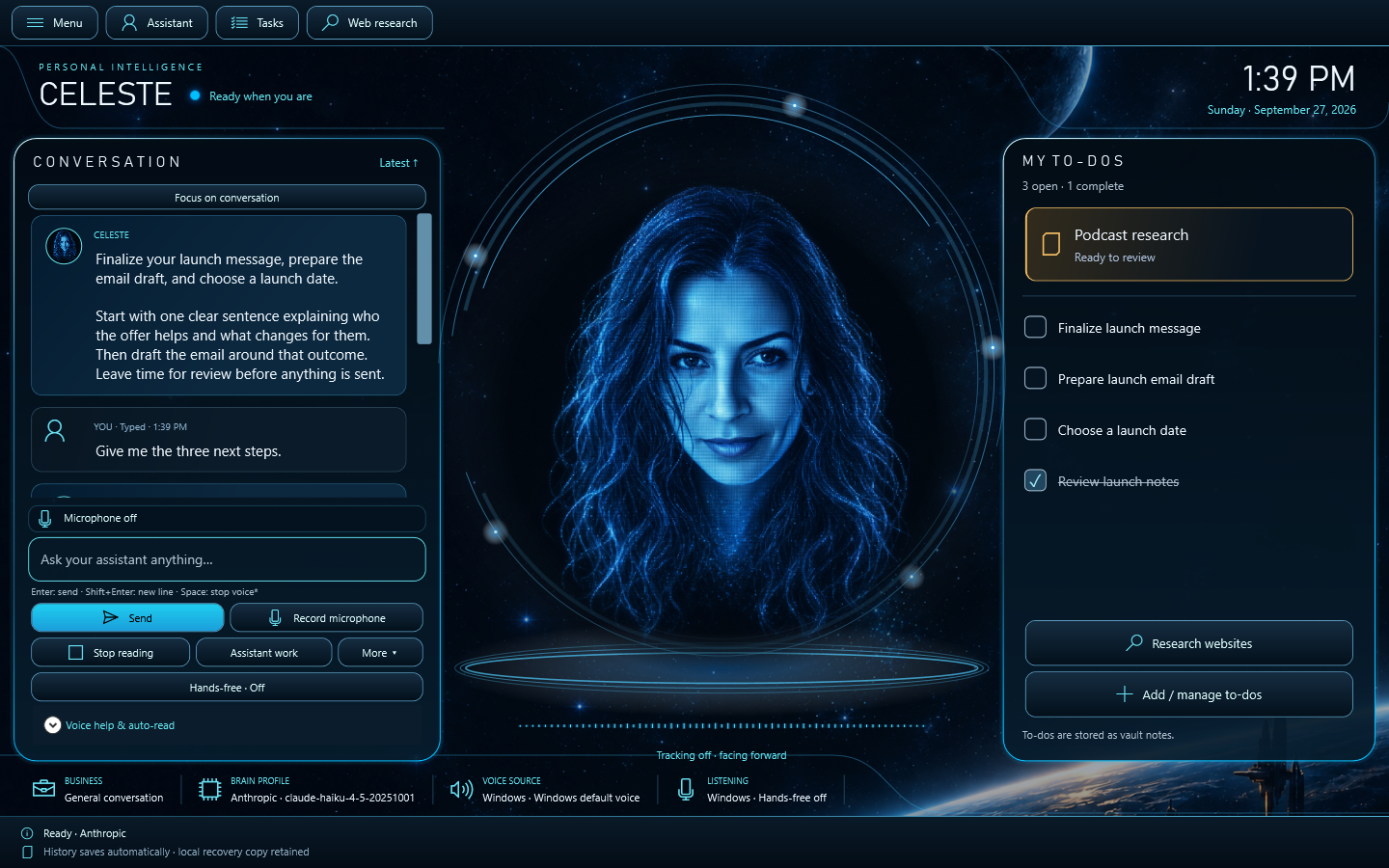 The same JARVIS workspace personalized as Celeste, with a female blue portrait avatar.