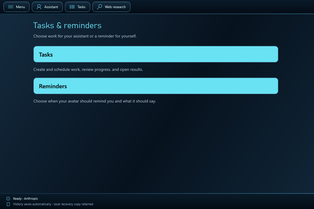 Tasks and reminders screen with separate entry points for scheduled work and personal reminders.
