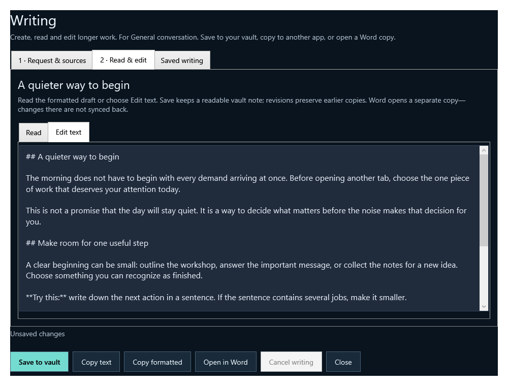 Writing workspace showing an editable draft and controls to save to the vault, copy text or open in Word.